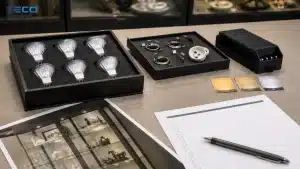 MR11 GU4 LED bulbs with accessories, CCT swatches, and display cabinet photos for sample review.