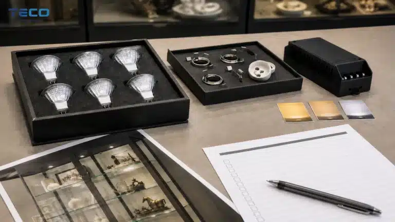 MR11 GU4 LED bulbs with accessories, CCT swatches, and display cabinet photos for sample review.