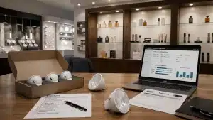 MR16 LED bulbs with checklist and laptop displaying evaluation specs on a retail showroom table.