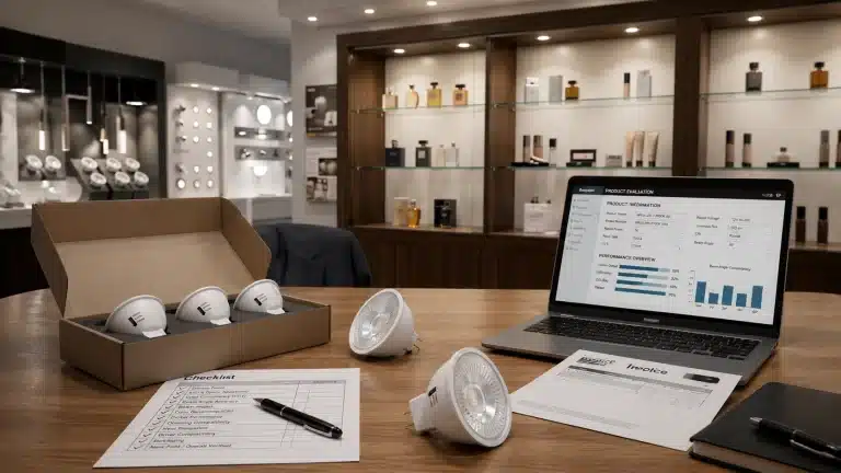 MR16 LED bulbs with checklist and laptop displaying evaluation specs on a retail showroom table.