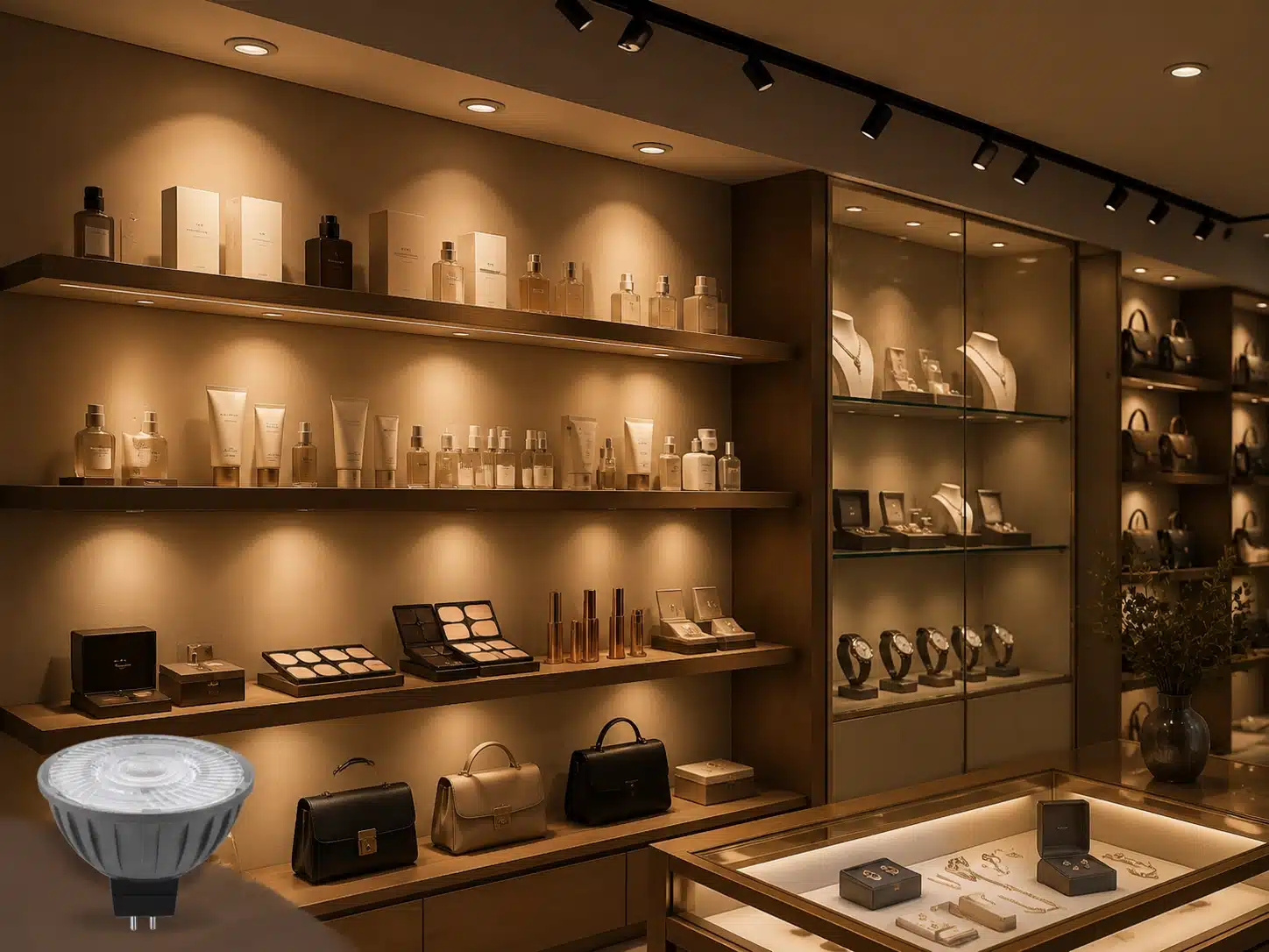 MR16 LED display cabinet lighting with controlled glare and heat