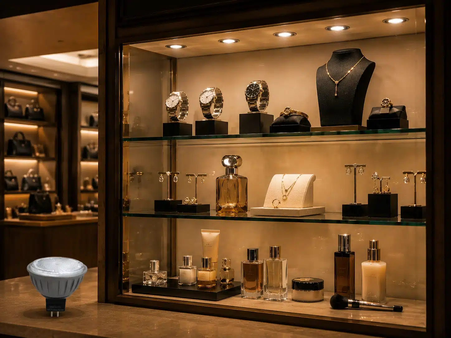 MR16 spotlight beam angle effect on retail shelves and display cabinets