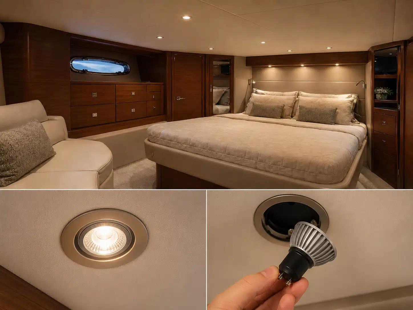 yacht cabin lighting installation detail with recessed GU10 fixtures