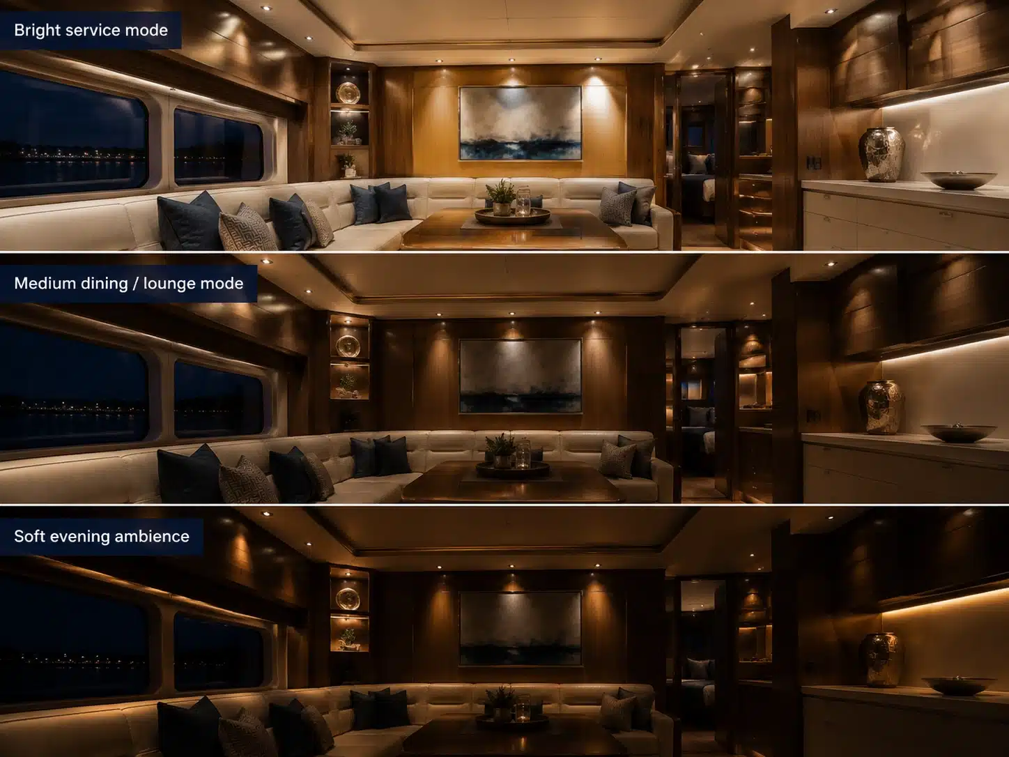 yacht saloon lighting scenes from bright service mode to soft evening ambience