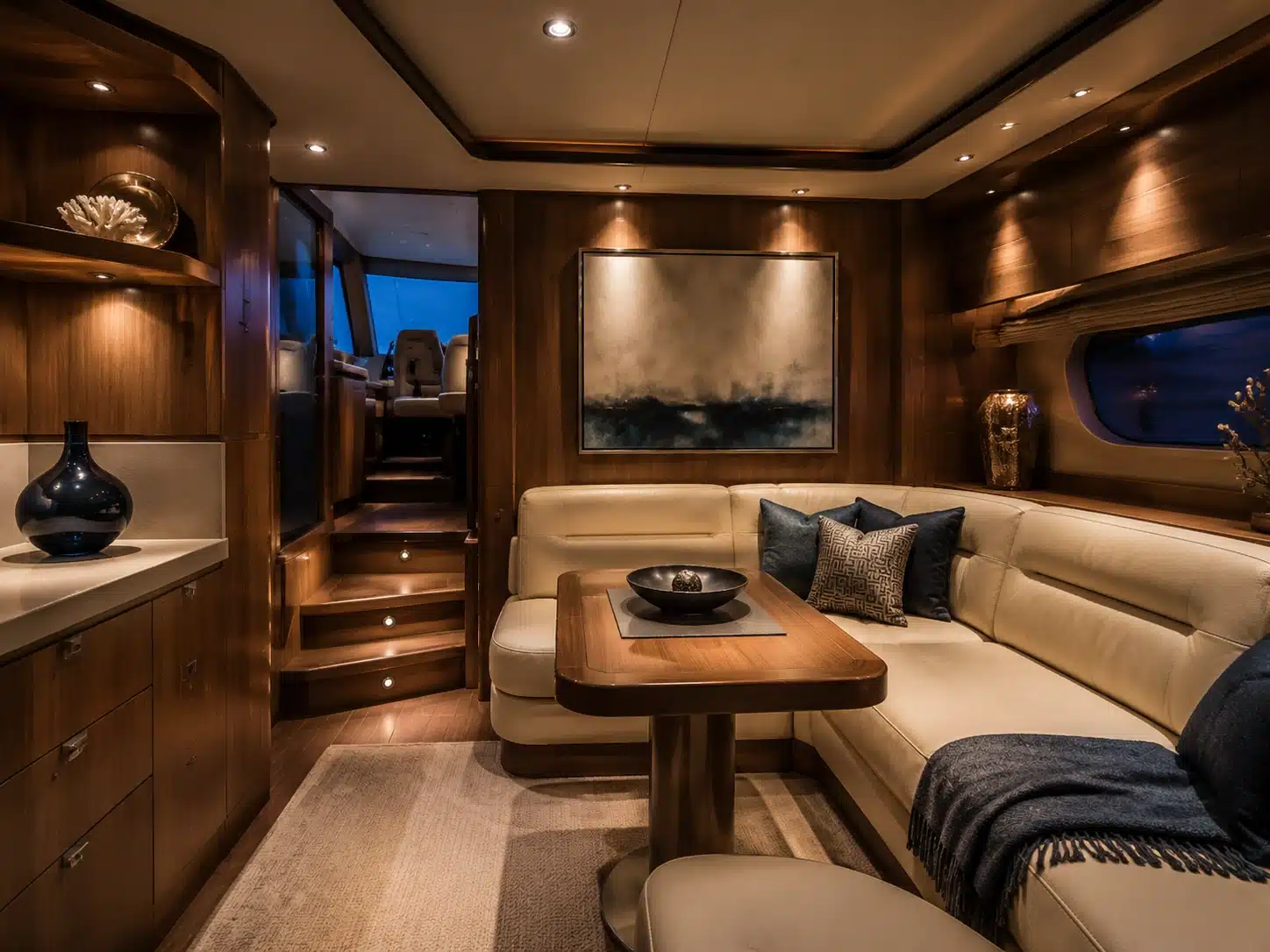 warm yacht saloon lighting with GU10 accent spotlights