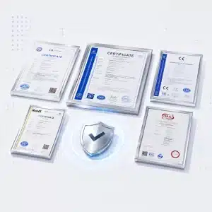 An arrangement of framed certificates surrounding a metallic shield with a checkmark, symbolizing quality and compliance.