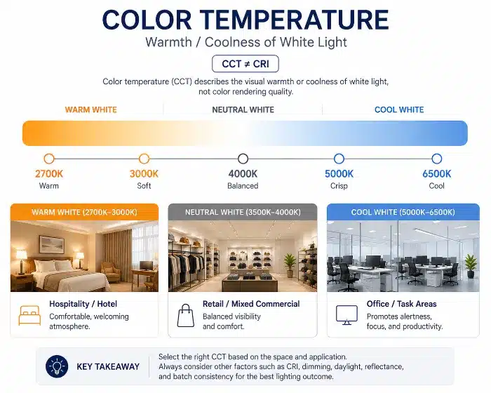 LED color temperature selection for commercial lighting