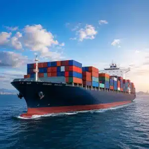 A large blue container ship carrying stacked colorful cargo containers sailing on the open sea under a blue sky.