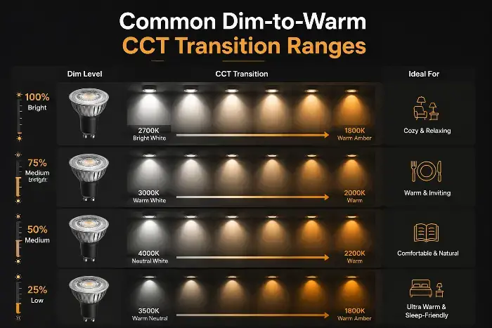 Infographic showing dim-to-warm CCT transitions for LED lights at different brightness levels from 100% to 25%.