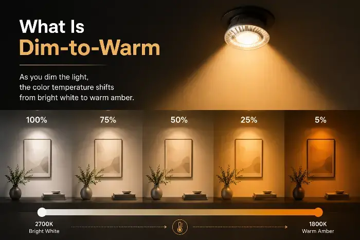 Diagram showing dim-to-warm LED ceiling light changing from bright white at 100% to warm amber at 5% dimming.