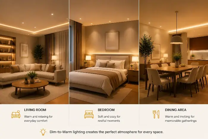 Three panels showing living room, bedroom and dining area with warm dim-to-warm lighting and labels.