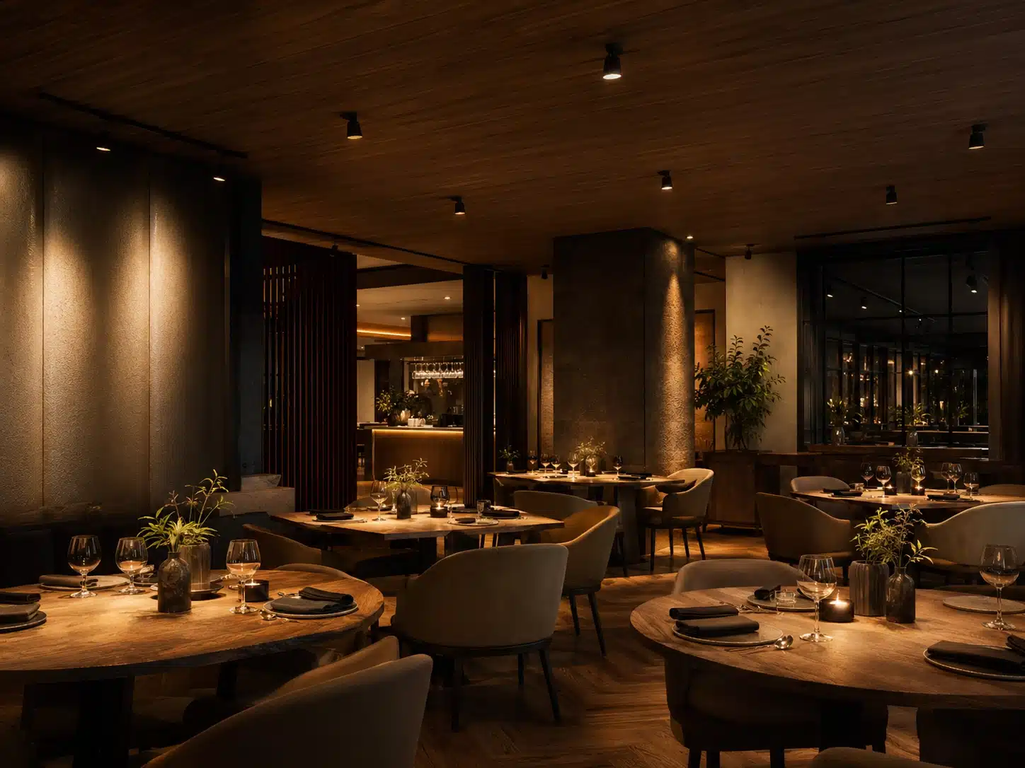 dimmed 24V GU10 spotlights in a restaurant interior