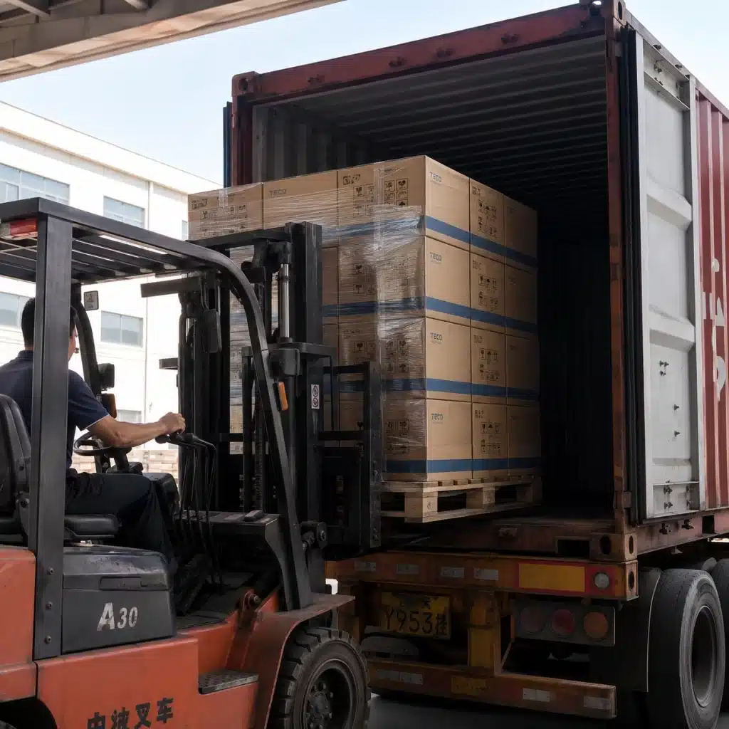 A worker operating an orange forklift to load stacked boxes into a red shipping container on a truck.
