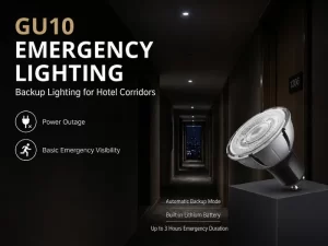 A silver GU10 LED bulb displayed against a dimly lit hotel corridor with emergency lighting text overlay.