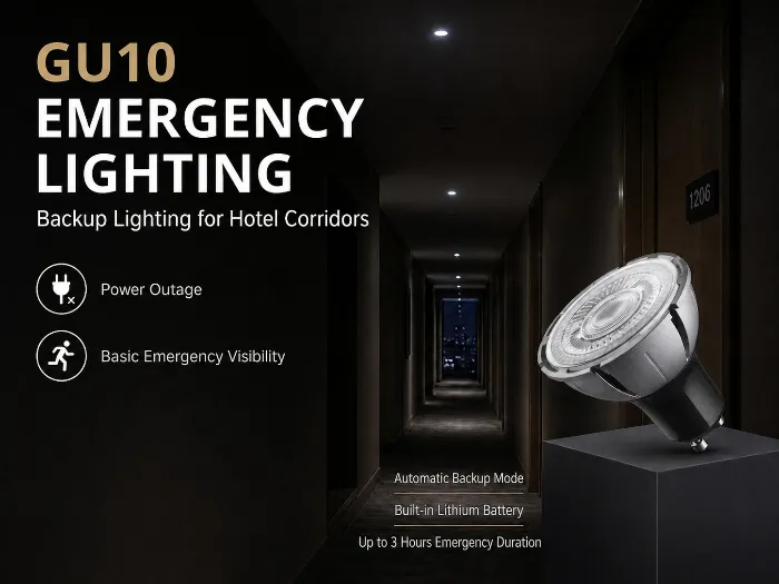 emergency lighting retrofit for hotel corridor with GU10 rechargeable LED bulb