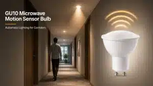 White GU10 microwave motion sensor bulb emitting waves beside a corridor with a person walking away.