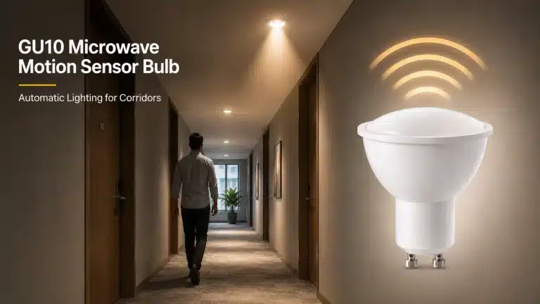 White GU10 microwave motion sensor bulb emitting waves beside a corridor with a person walking away.