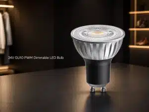 Close-up of a silver and black 24V GU10 PWM dimmable LED bulb on a dark surface.