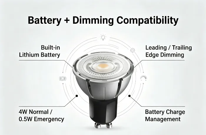 GU10 rechargeable emergency LED bulb battery and dimming compatibility