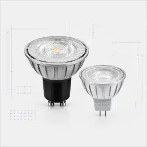 Two LED spotlight bulbs of different sizes shown with a technical blueprint background for product display.