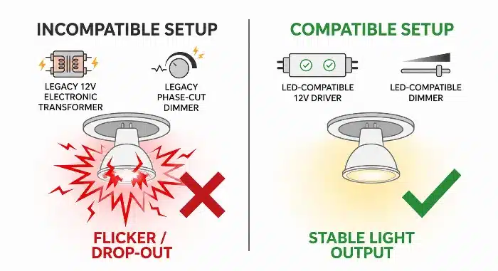 MR16 LED compatibility transformer dimmer flicker problems