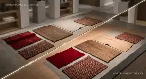 Various fabric, wood and tile samples shown under standard and high CRI LED lighting in a showroom setting.