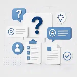 3D illustration with question marks, Q and A speech bubbles, lightbulb, checklist clipboard, and document icons.
