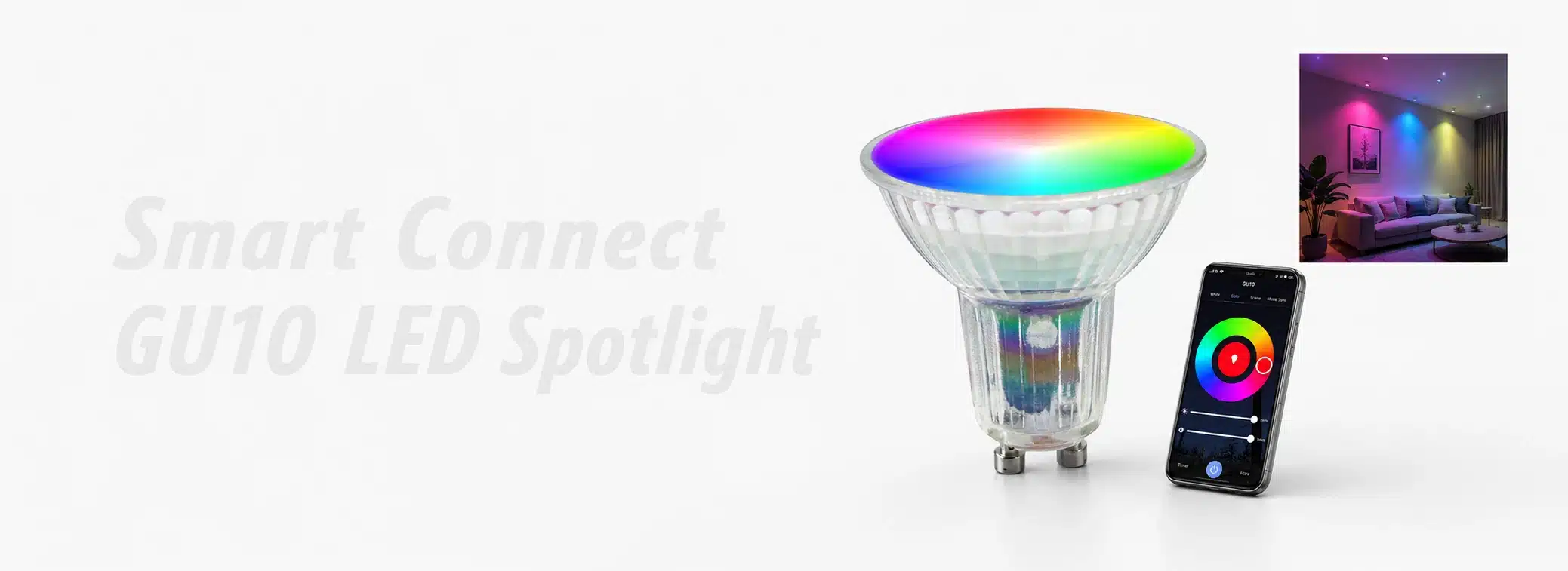 A vibrant rainbow-colored GU10 LED spotlight bulb next to a smartphone with color control app and living room inset.
