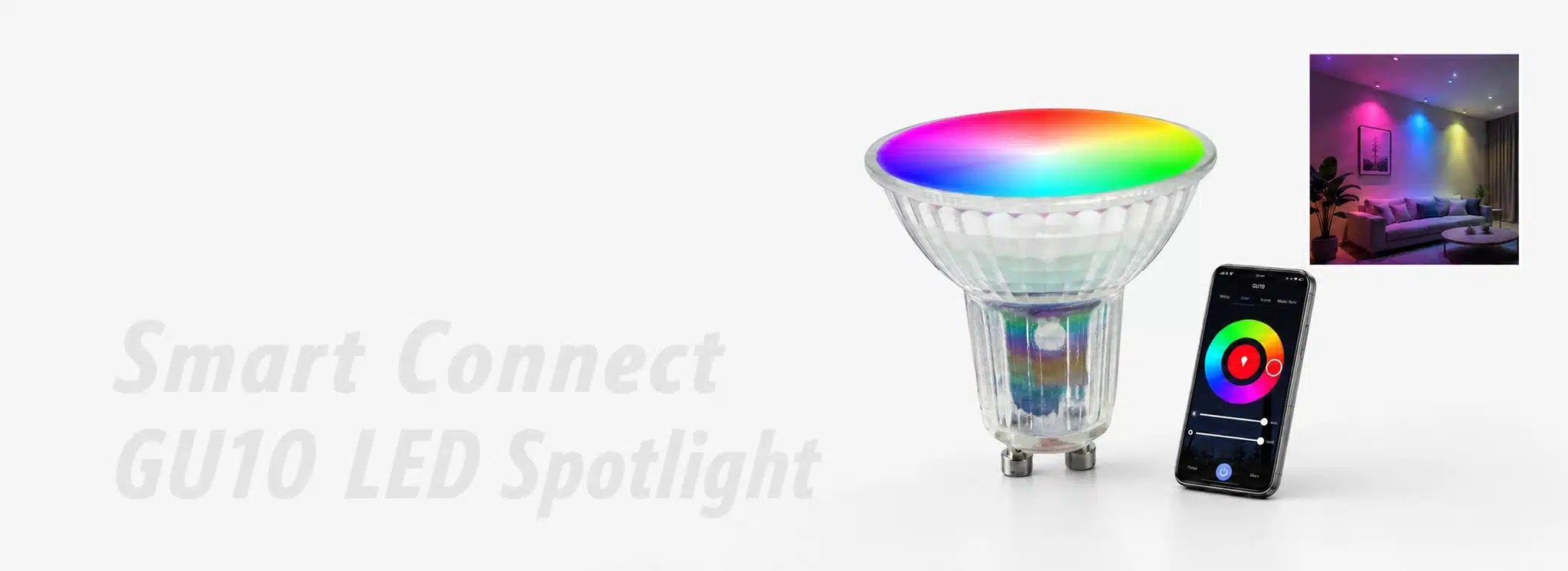 Color-changing GU10 LED spotlight bulb displaying rainbow colors beside a smartphone with control app and room lighting example.
