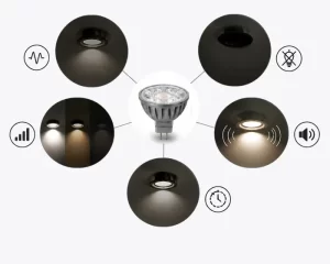 Central LED bulb surrounded by icons for dimming, no UV, brightness levels, smart connectivity, and timer.