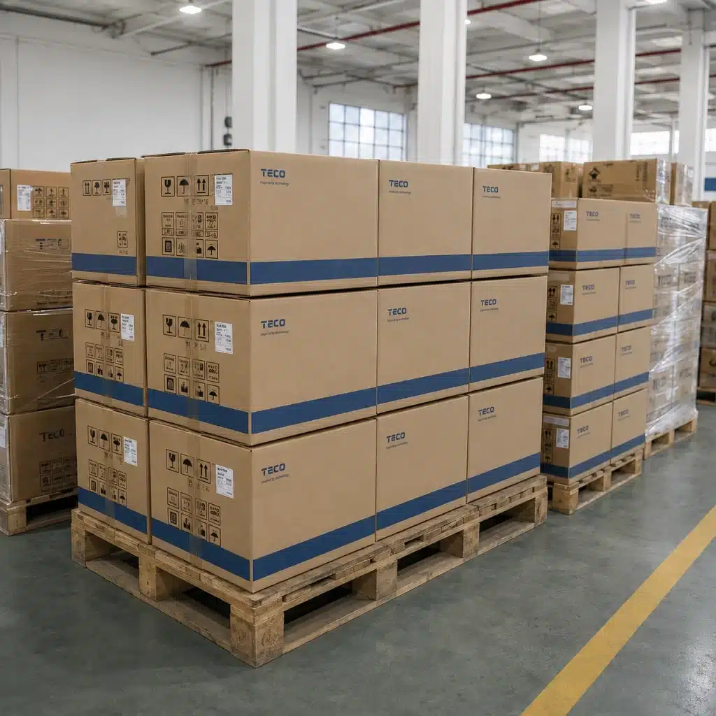 Large stacks of TECO branded cardboard boxes placed on wooden pallets in an industrial warehouse setting.