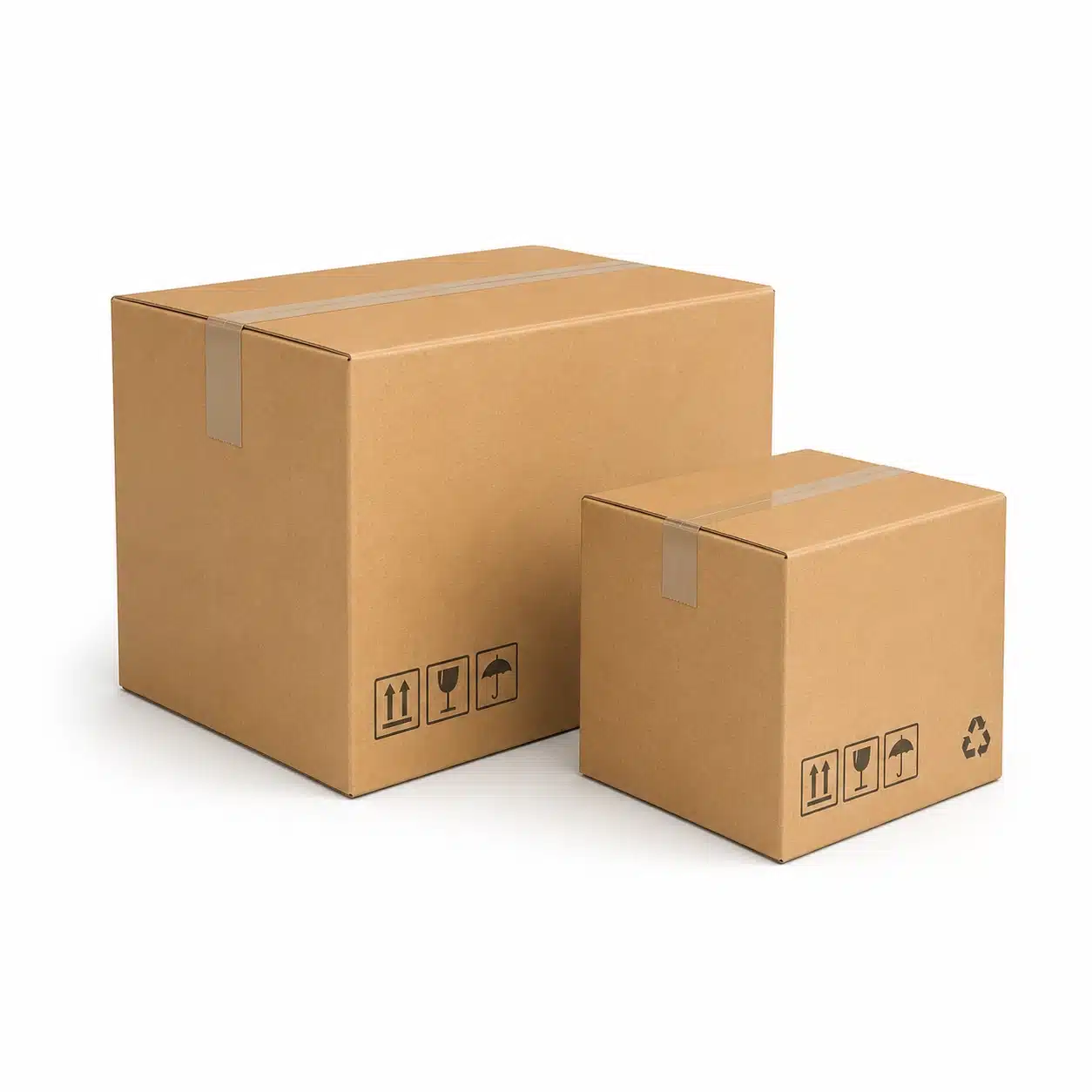 Two brown cardboard boxes of different sizes placed side by side on a white background, with shipping symbols printed on them.