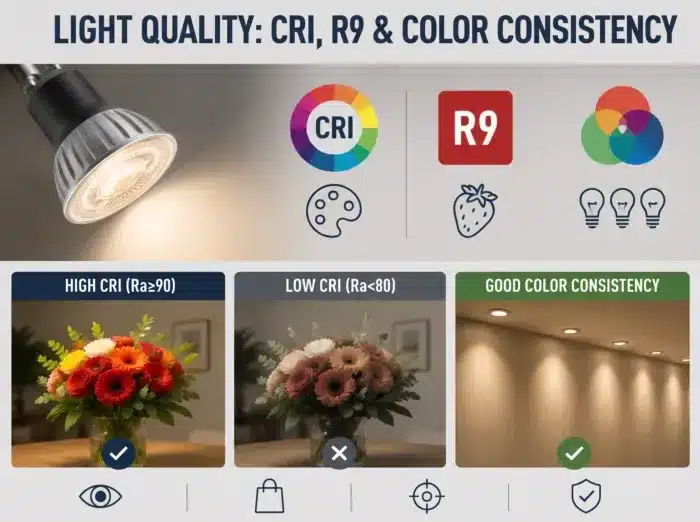 Infographic explaining light quality metrics including CRI, R9, and color consistency. Shows high CRI rendering vibrant flowers versus dull low CRI flowers and uniform lighting in a hallway.