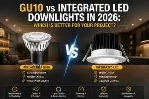Comparison of GU10 replaceable bulbs versus integrated LED downlights for 2026, displaying key advantages of each lighting option against a modern home interior background.