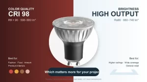 An LED spotlight bulb displayed between color quality CRI 98 and high brightness output sections.