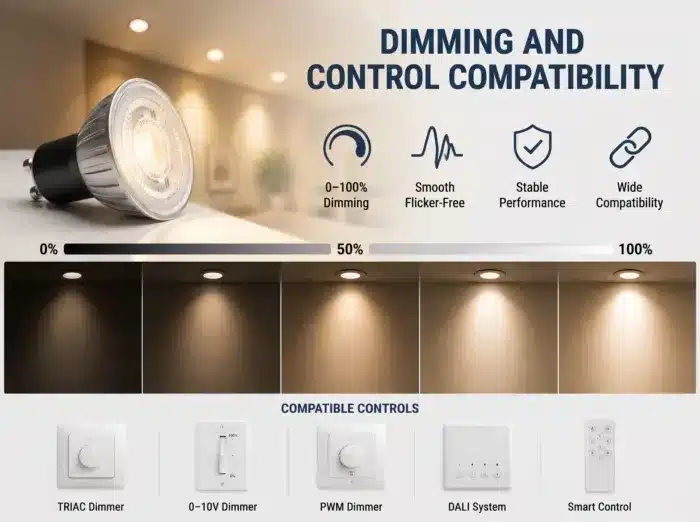 Infographic showing LED spotlight with 0-100% dimming range, smooth flicker-free performance, stable operation and compatibility with TRIAC, 0-10V, PWM, DALI and smart controls.