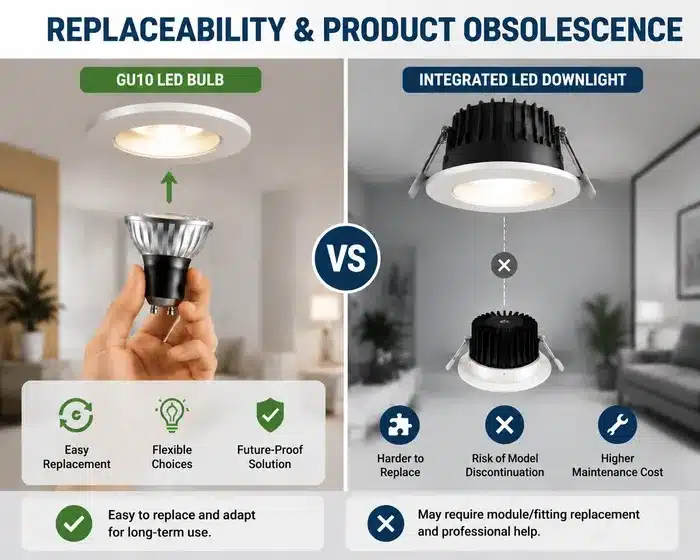 Infographic comparing replaceable GU10 LED bulbs with integrated LED downlights, showing easy replacement benefits versus risks of obsolescence and higher maintenance costs.