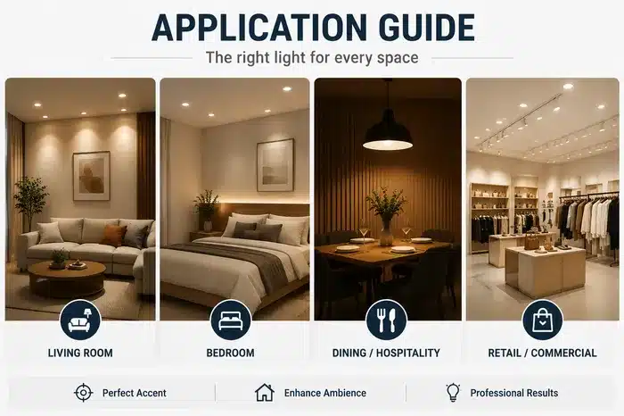 Application guide showing the right lighting solutions for different spaces including living room, bedroom, dining area, and retail store with example photos and icons.