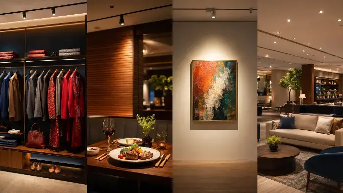 A collage of four images showing a luxury closet, a fine dining table, an abstract painting, and a hotel lounge.