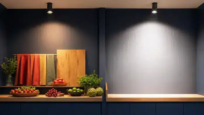 Modern kitchen counter with bowls of fresh fruits, vegetables, colorful towels, wooden boards, and plants on a dark blue wall.